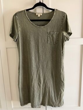 Vintage Olive Green T-Shirt Dress Short Sleeve Pocket PL